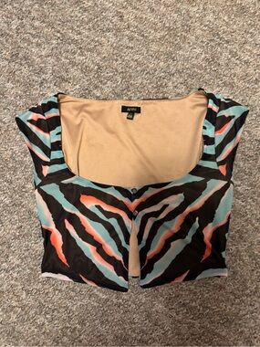 AFRM Black Zebra-Print Crop Top with Aqua and Coral Stripes